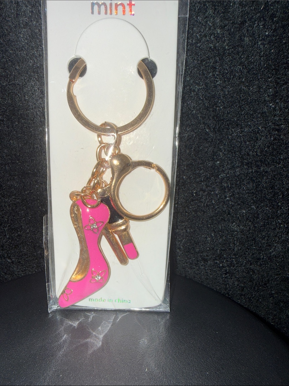 Mint Pink High Heel & Lipstick Keychain Charm with Gold Hardware